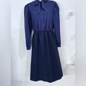 Vintage 70s Navy Red Polka Dot Tie Neck Midi Dress Long Sleeve Size Medium